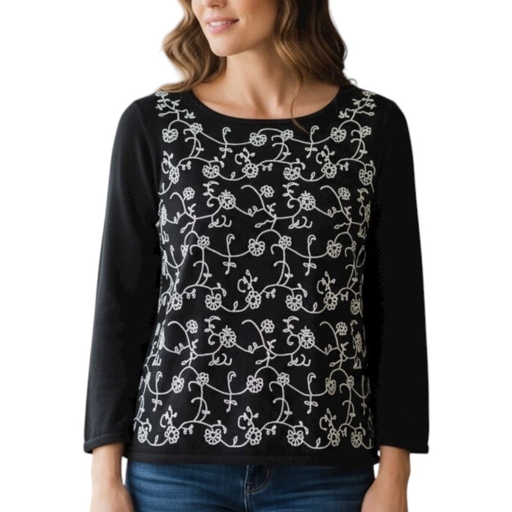 J.H. Collectibles Embroidered Floral Black Top Size Large Boho Cottagecore